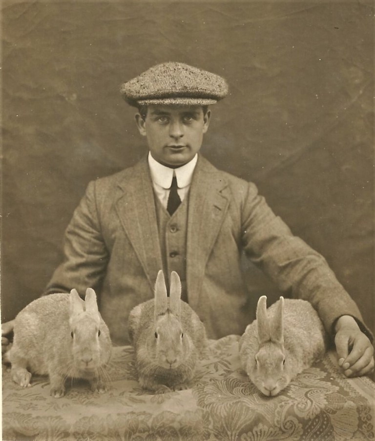 PORTRAIT OF THREE RABBITS AND THEIR FASHIONABLE KEEPER (EXTREMELY RARE ...
